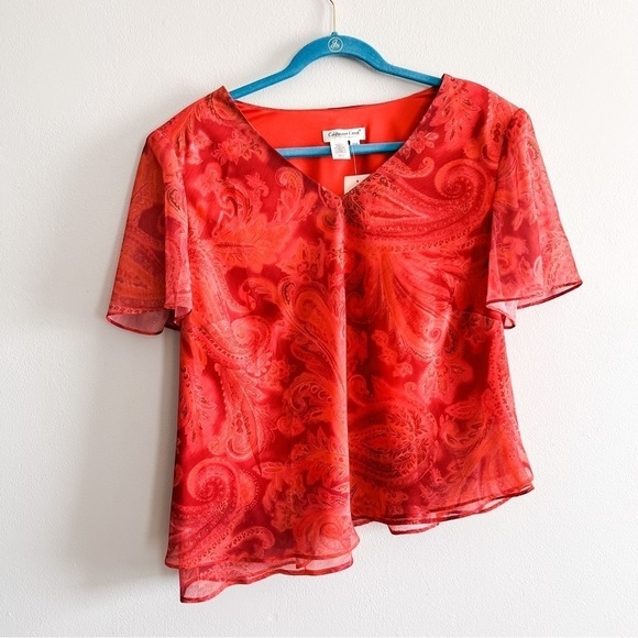 Coldwater Creek Red Orange Paisley Asymmetrical Tiered V-Neck Blouse 18W - Picture 1 of 6